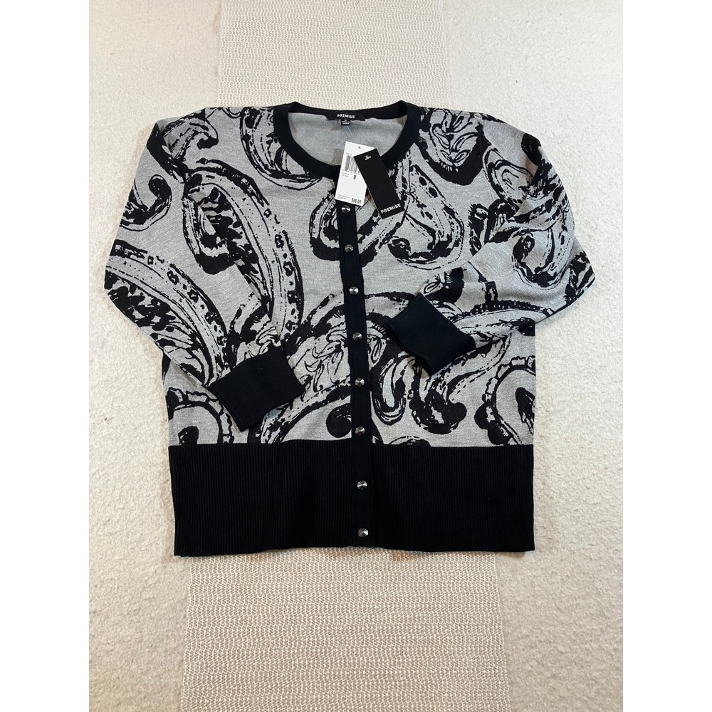 Premise NWT Womens Paisley Snap Front Cardigan Sweater Grey Black Lightweight  S